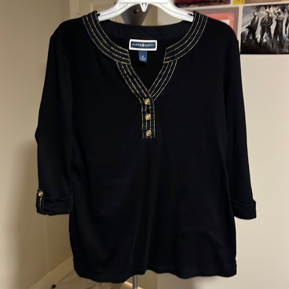 EUC Karen Scott Gold trim 3/4 sleeve black blouse